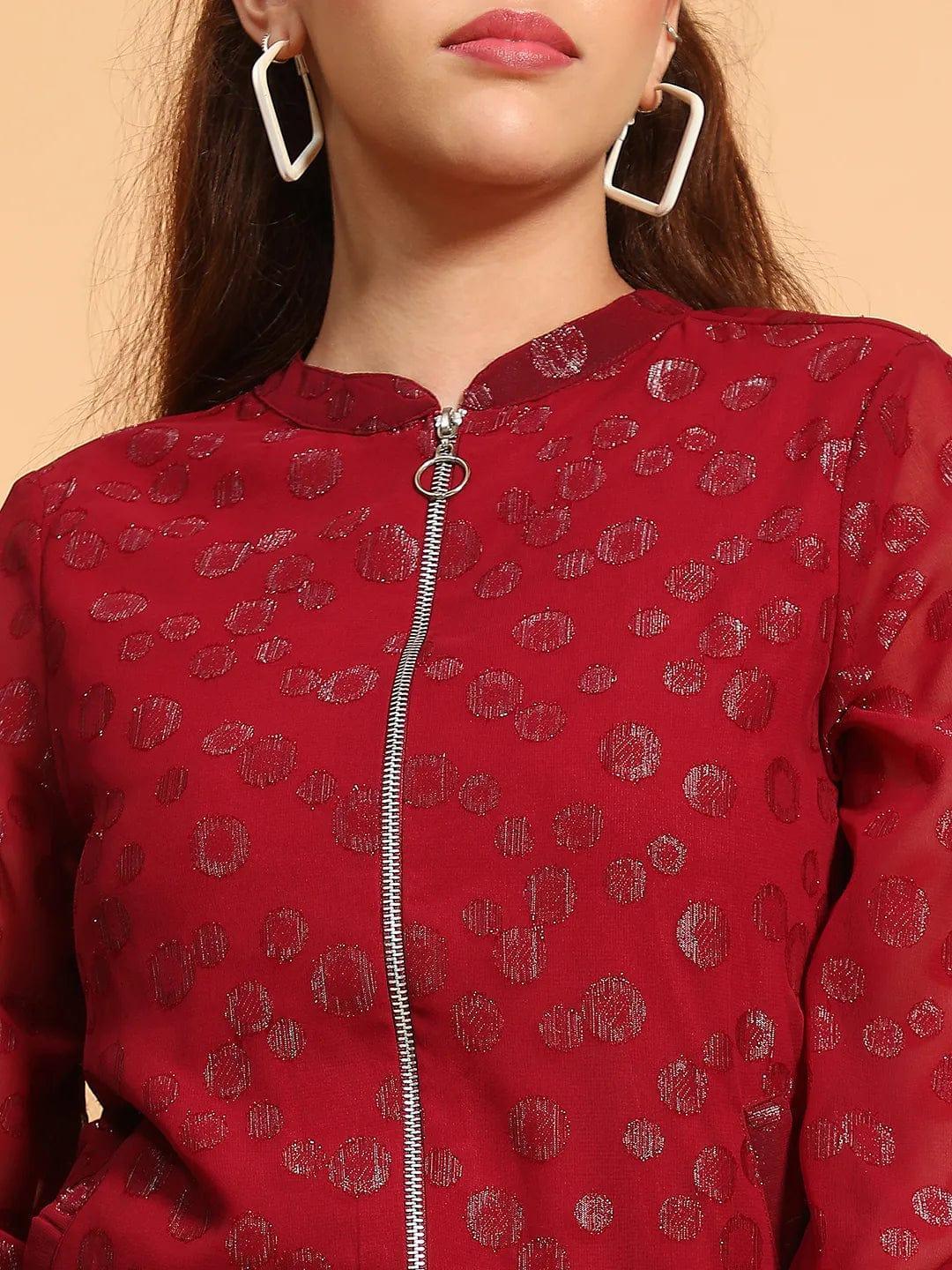 Thrilling Maroon Round Neck Long Sleeve Zip Lined Lace Detail Women Winter Wear Jacket - oxolloxo