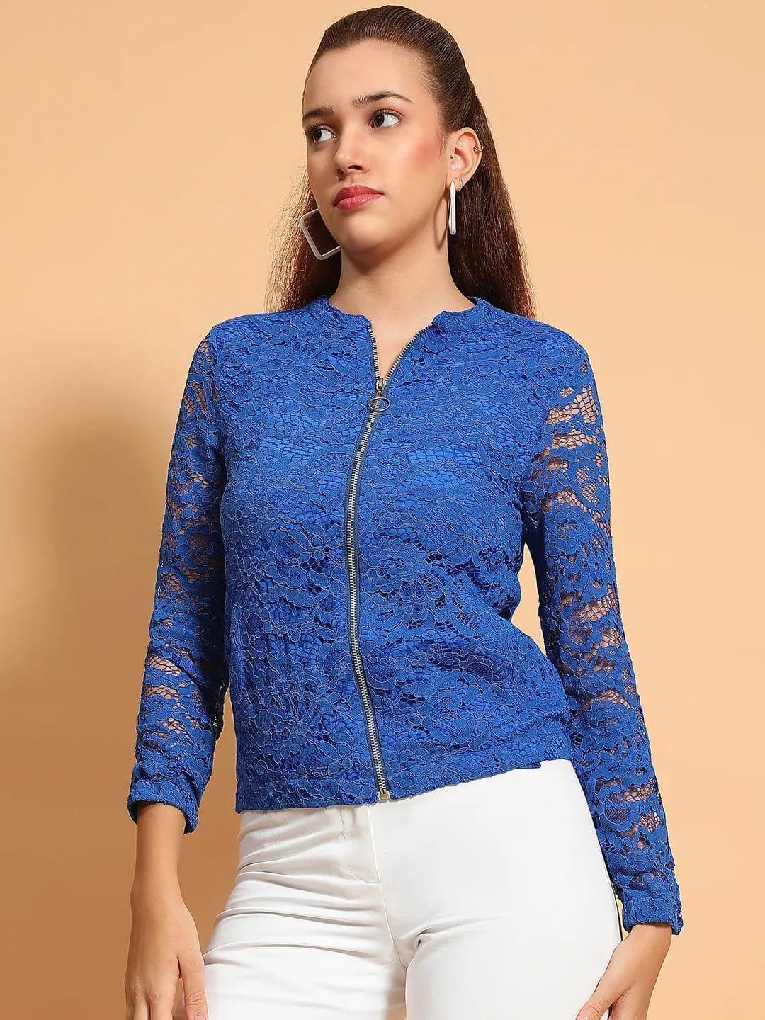 Mesmeric Blue Round Neck Long Sleeve Zip Lined Lace Detail Women Winter Wear Jacket - oxolloxo