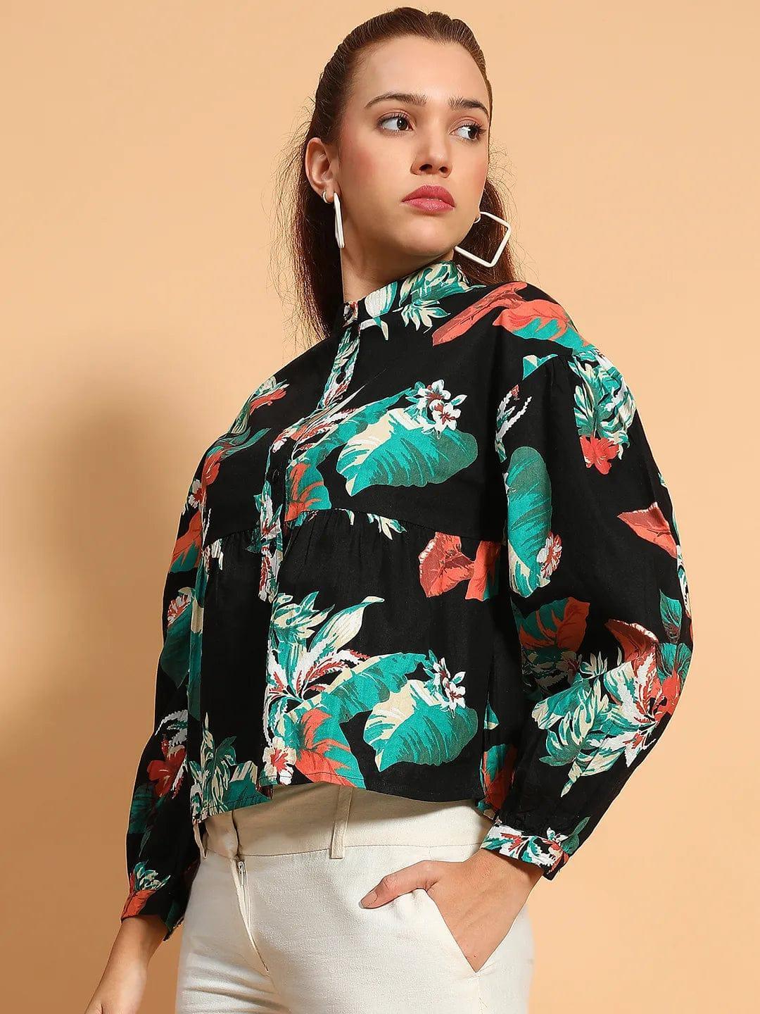 Multicolor Floral Print Long Sleeve Women Cotton Top - oxolloxo