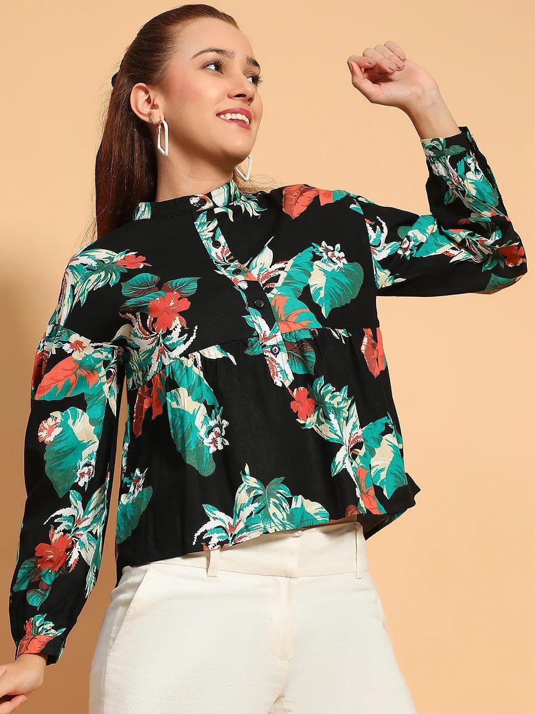 Multicolor Floral Print Long Sleeve Women Cotton Top - oxolloxo