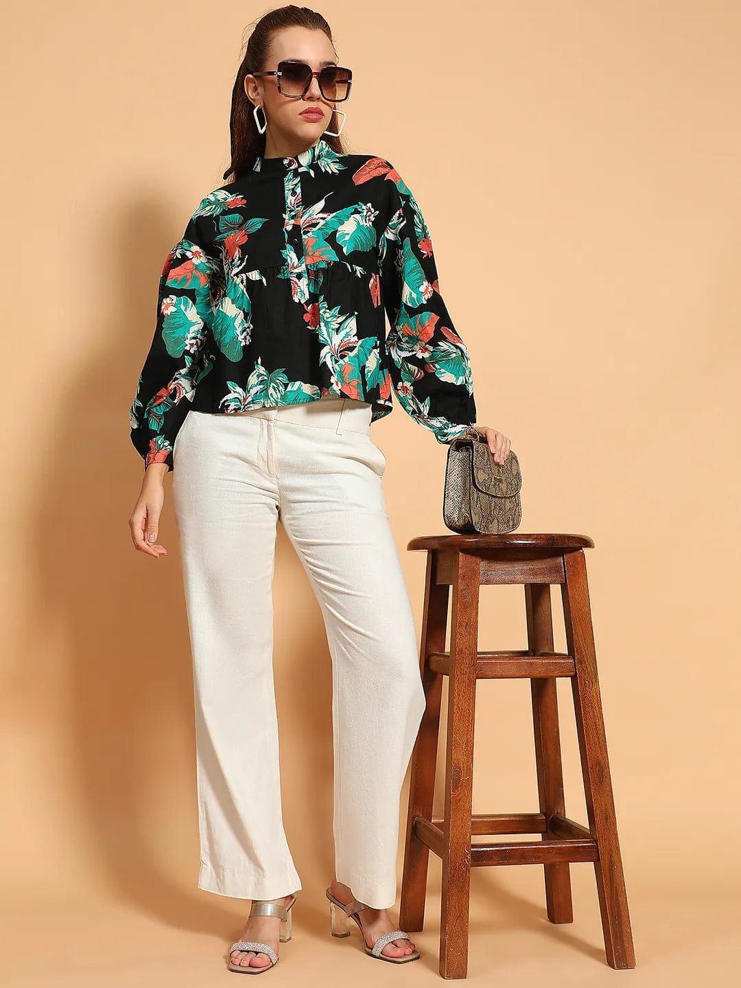 Multicolor Floral Print Long Sleeve Women Cotton Top - oxolloxo