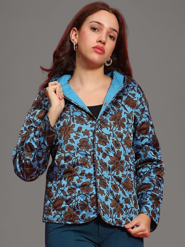 Spellbinding Blue Floral Print Long Sleeve Button Down Women Winter Wear Qulited Jacket with Hoodie - oxolloxo