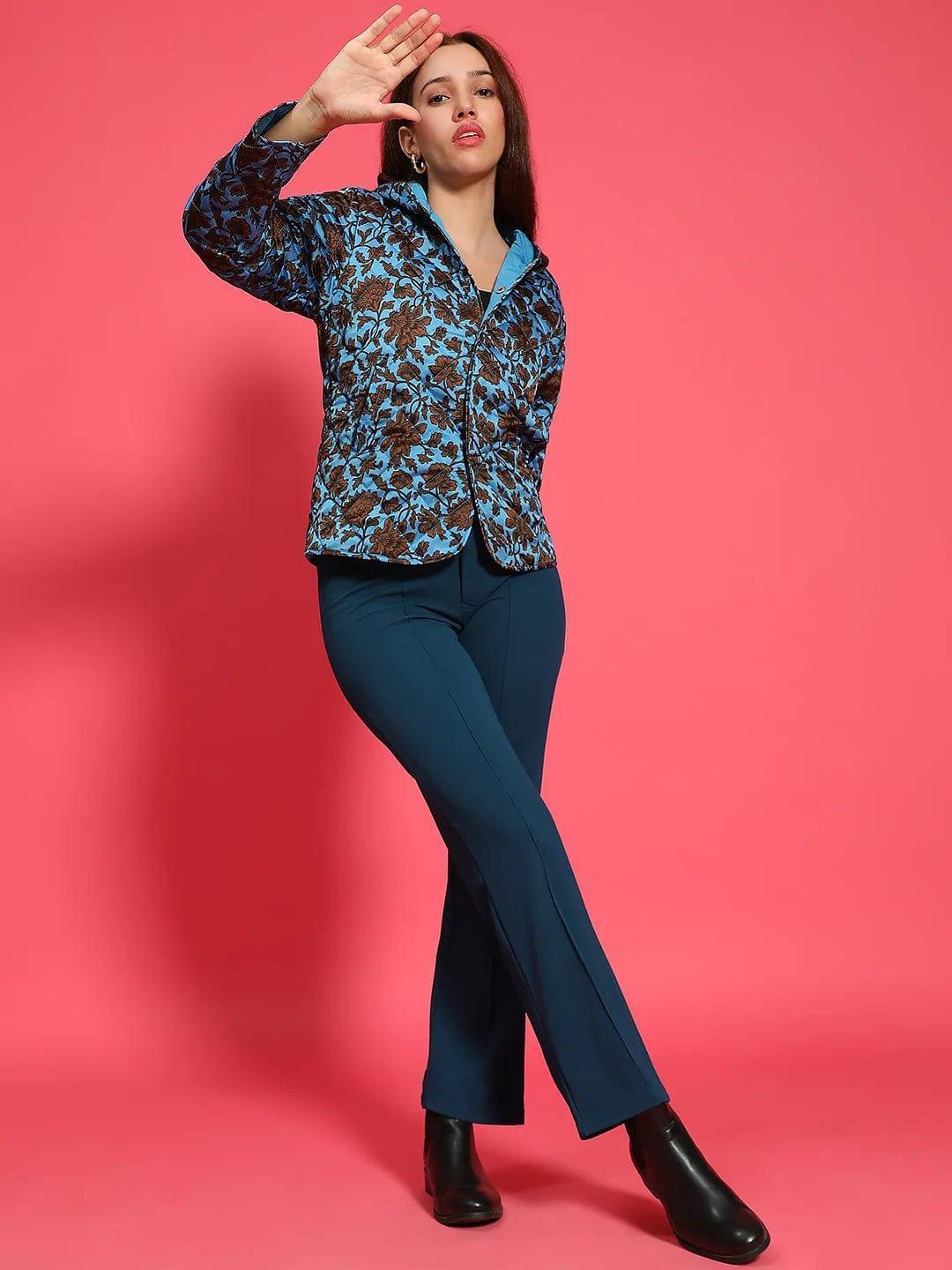 Spellbinding Blue Floral Print Long Sleeve Button Down Women Winter Wear Qulited Jacket with Hoodie - oxolloxo