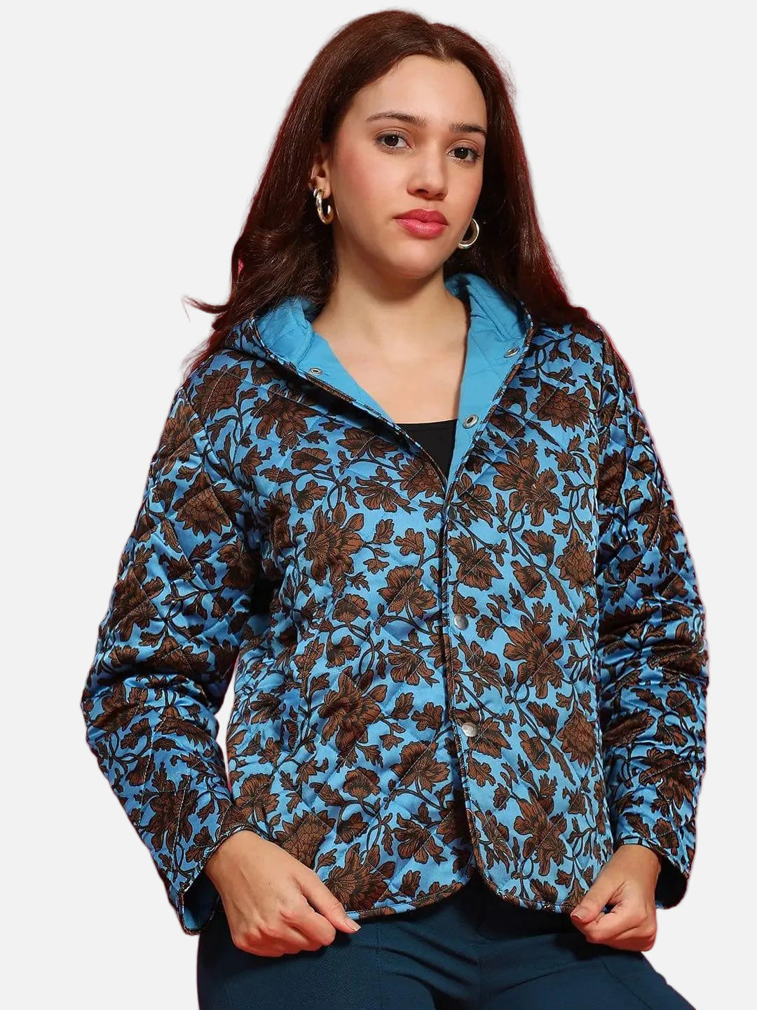 Spellbinding Blue Floral Print Long Sleeve Button Down Women Winter Wear Qulited Jacket with Hoodie - oxolloxo