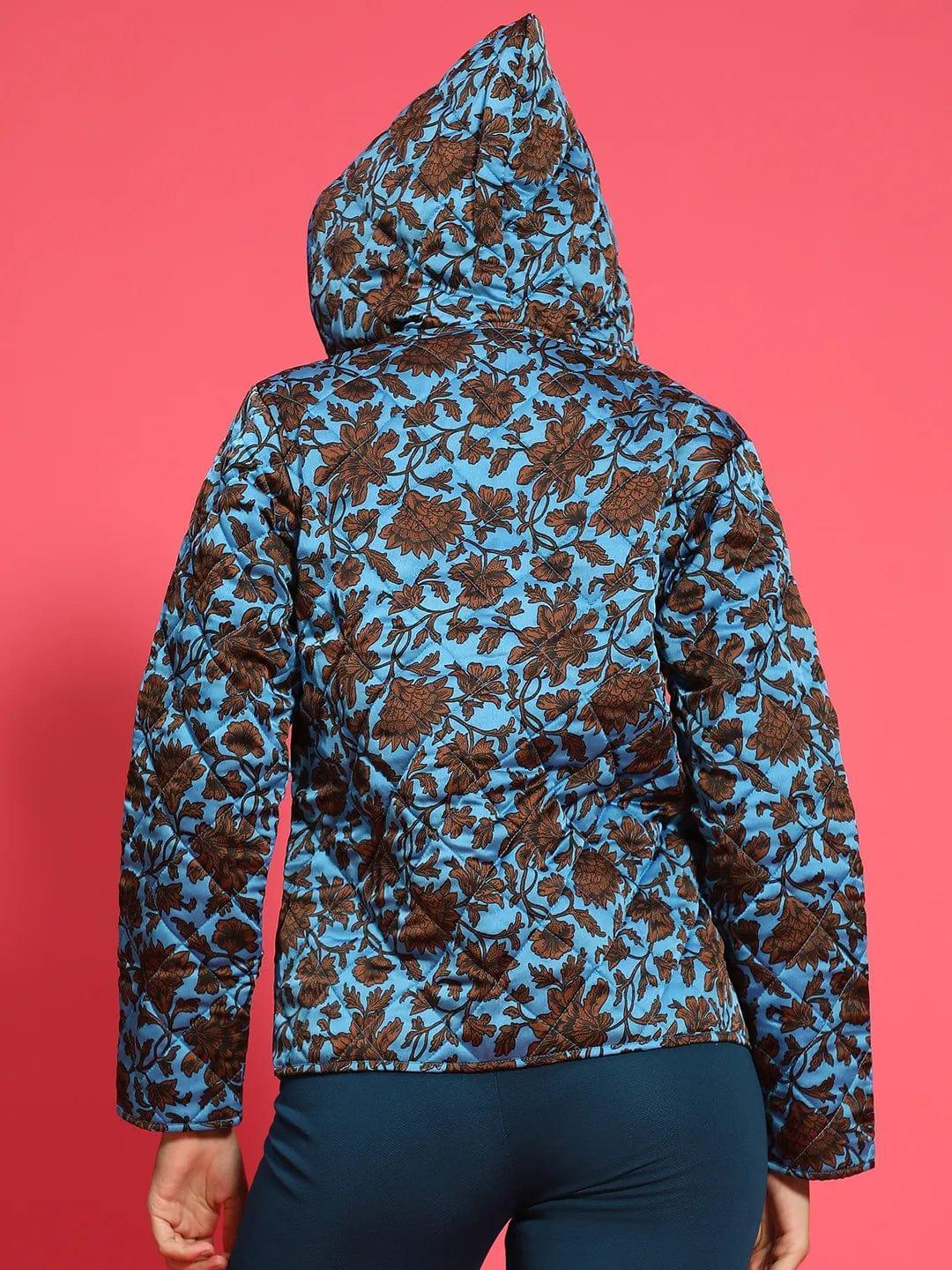 Spellbinding Blue Floral Print Long Sleeve Button Down Women Winter Wear Qulited Jacket with Hoodie - oxolloxo
