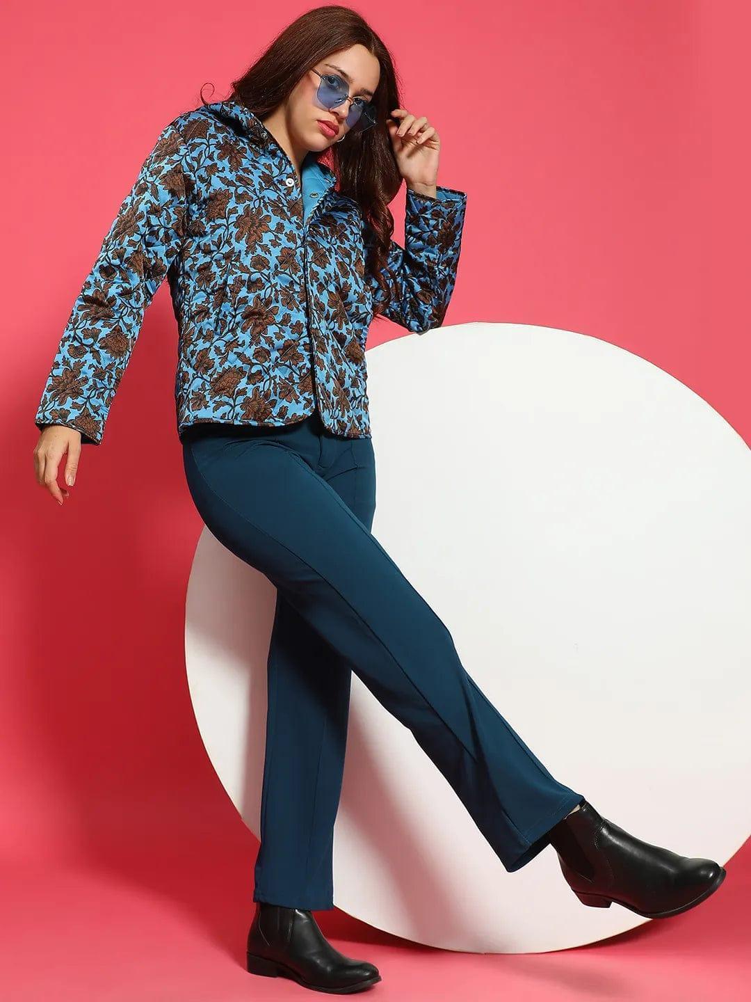 Spellbinding Blue Floral Print Long Sleeve Button Down Women Winter Wear Qulited Jacket with Hoodie - oxolloxo