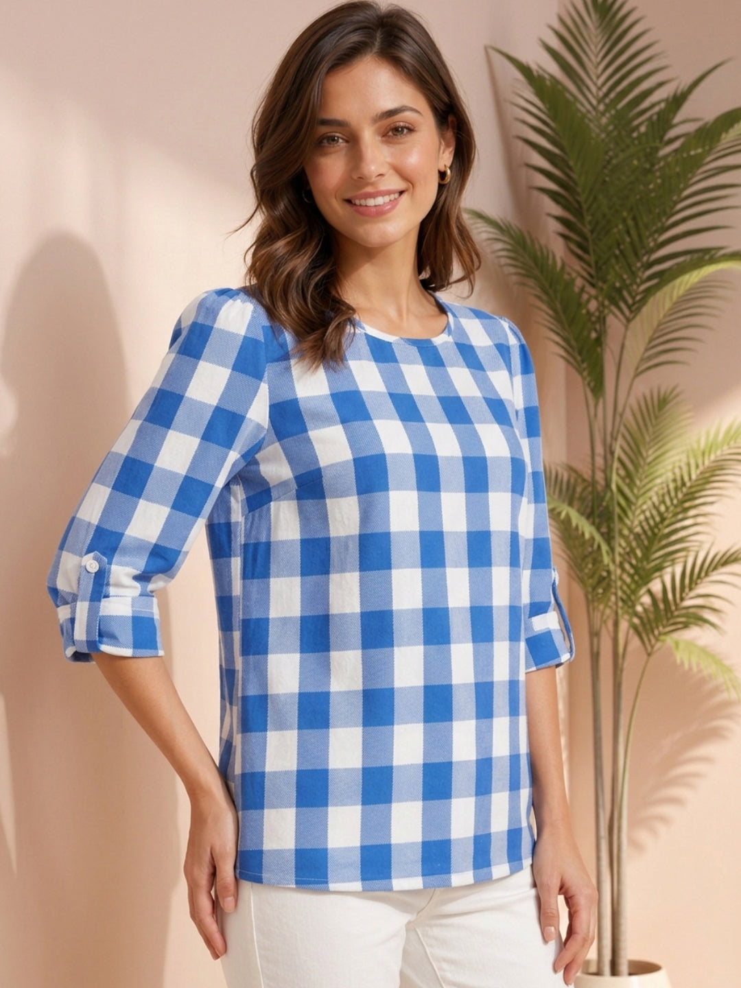 Blue and white gingham check women's top with rolled sleeves, stylish casual fashion