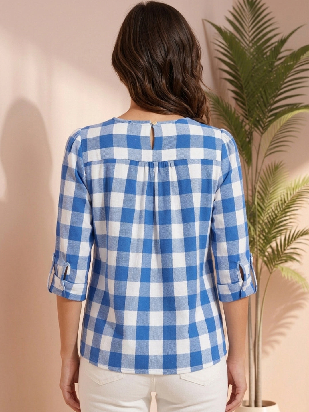 Blue and white gingham blouse with rolled sleeves, back view, plus size women's fashion