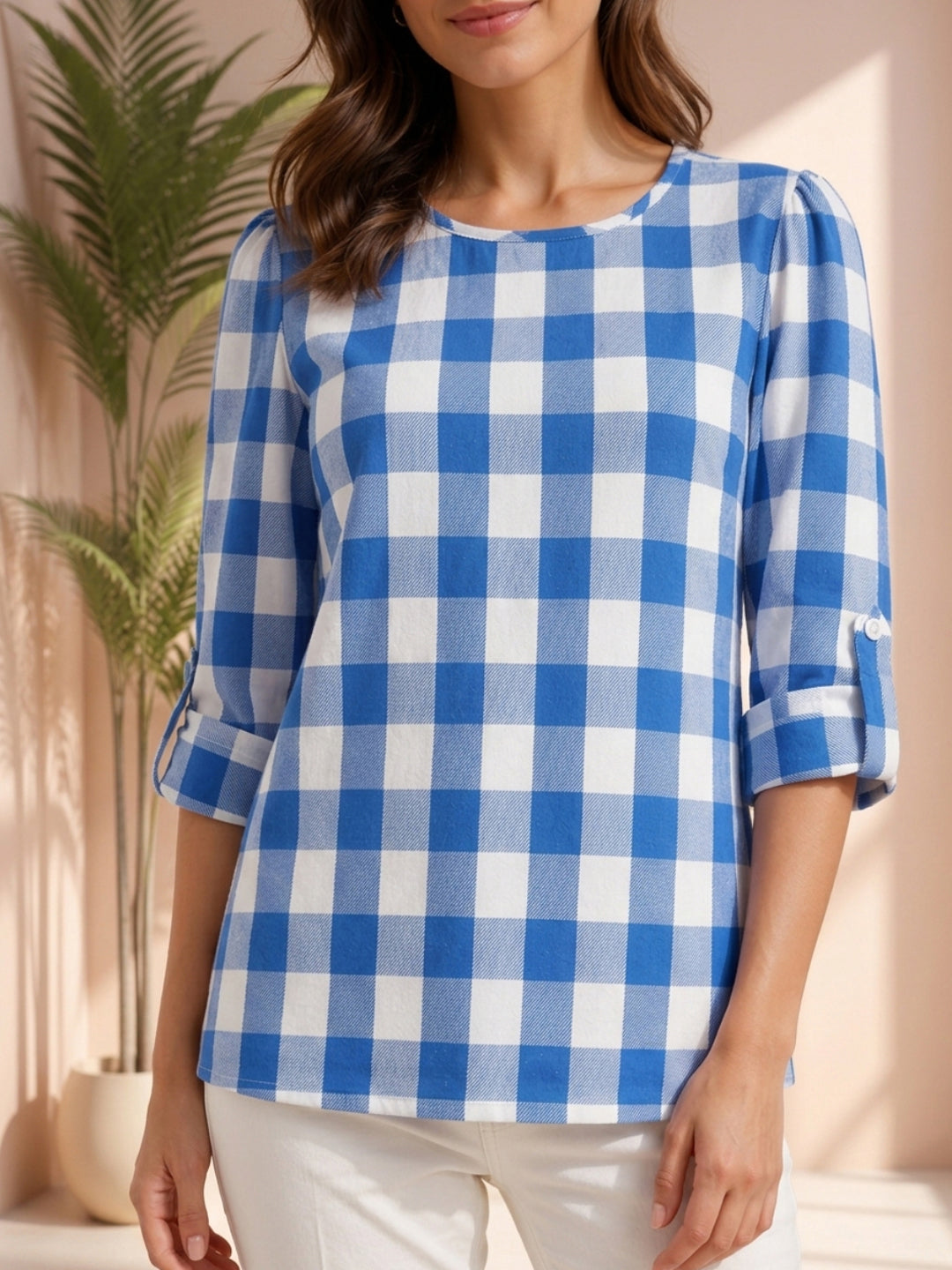 Blue and white gingham check blouse with rolled sleeves, plus size women's fashion top