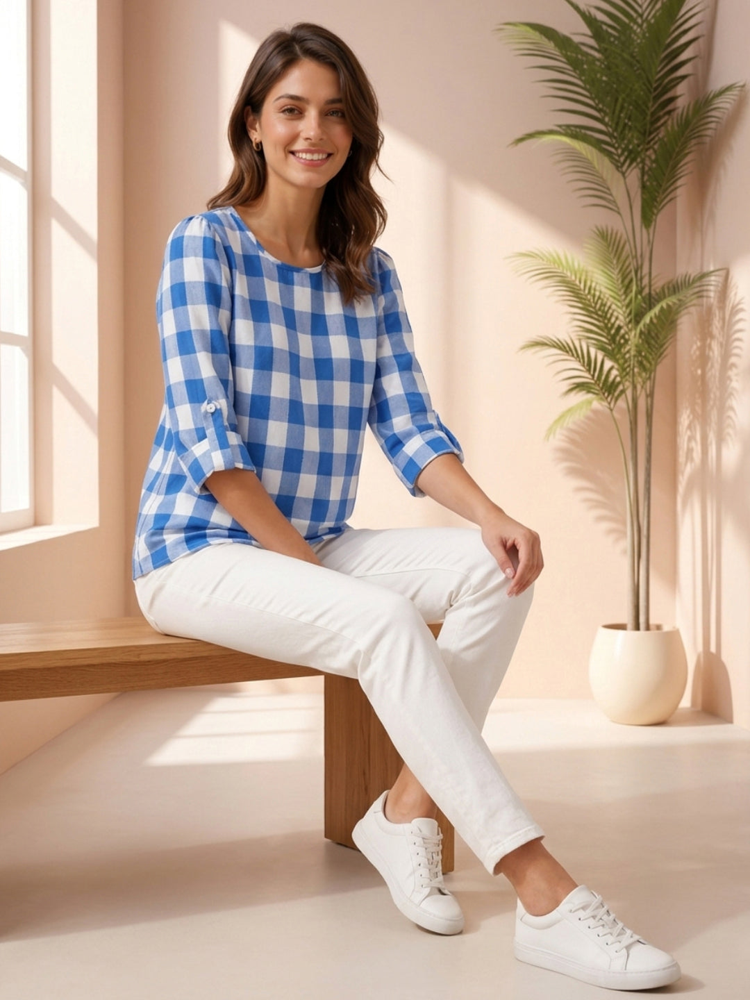 Woman in blue and white checkered top with white pants and sneakers, casual plus size fashion
