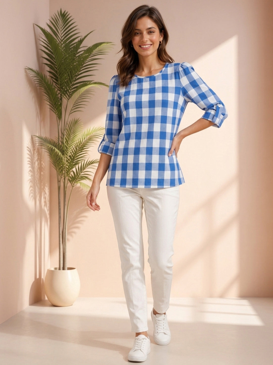 Woman in blue and white gingham blouse with rolled sleeves, white pants, and sneakers, styled for casual fashion.