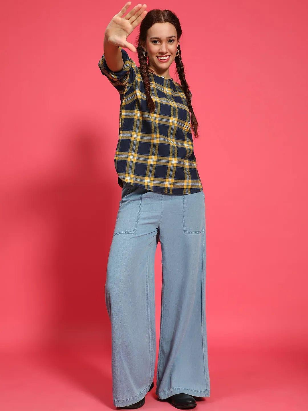 Multicolor Round Neck Long Roll Up Sleeve Brush Check Cotton Women Top - oxolloxo