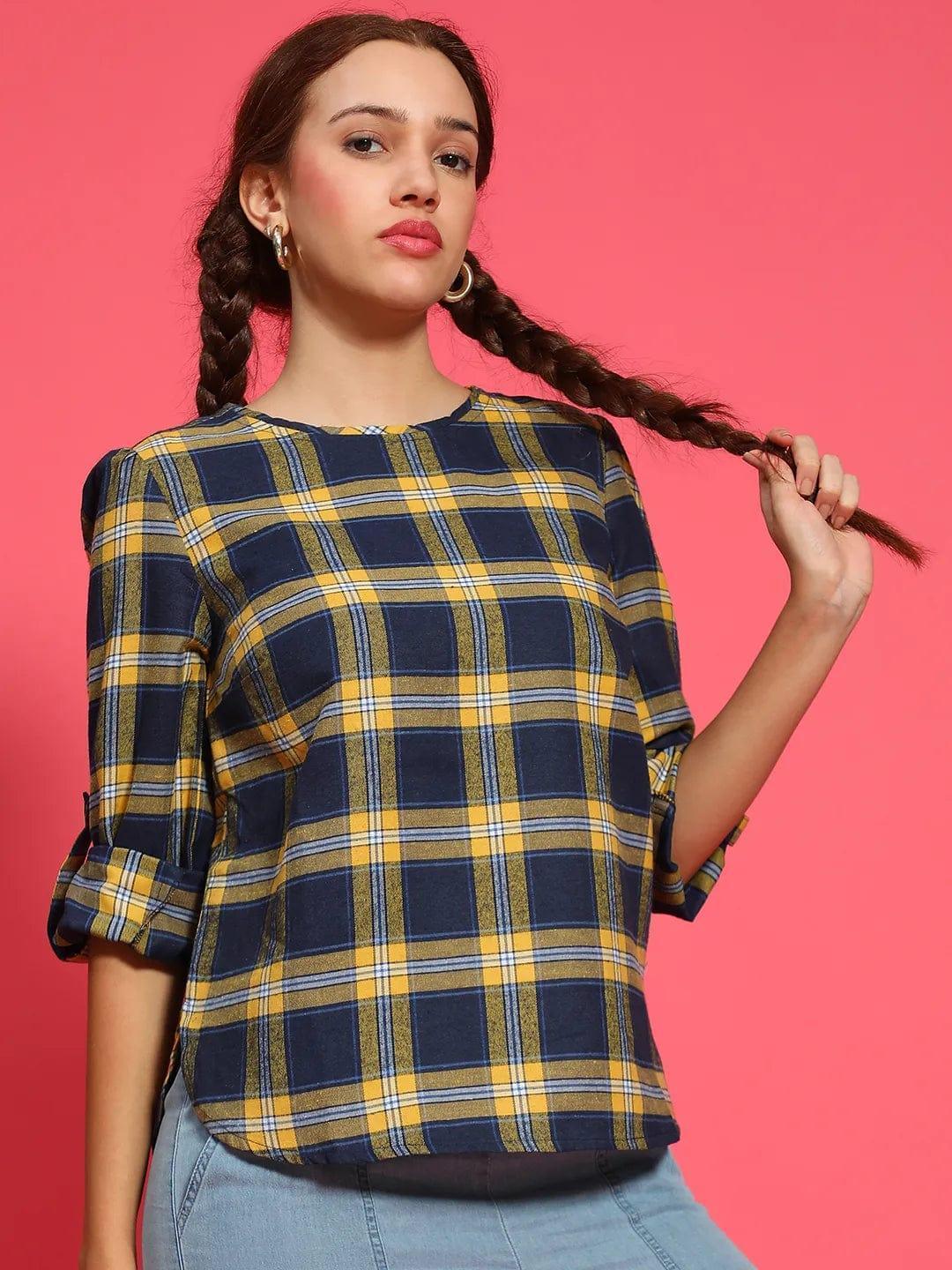 Multicolor Round Neck Long Roll Up Sleeve Brush Check Cotton Women Top - oxolloxo