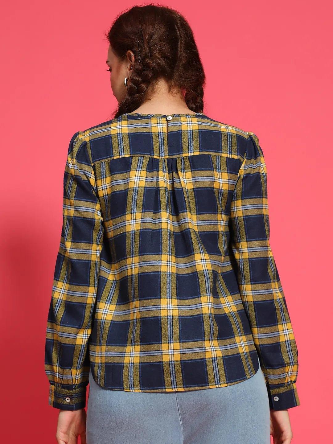 Multicolor Round Neck Long Roll Up Sleeve Brush Check Cotton Women Top - oxolloxo