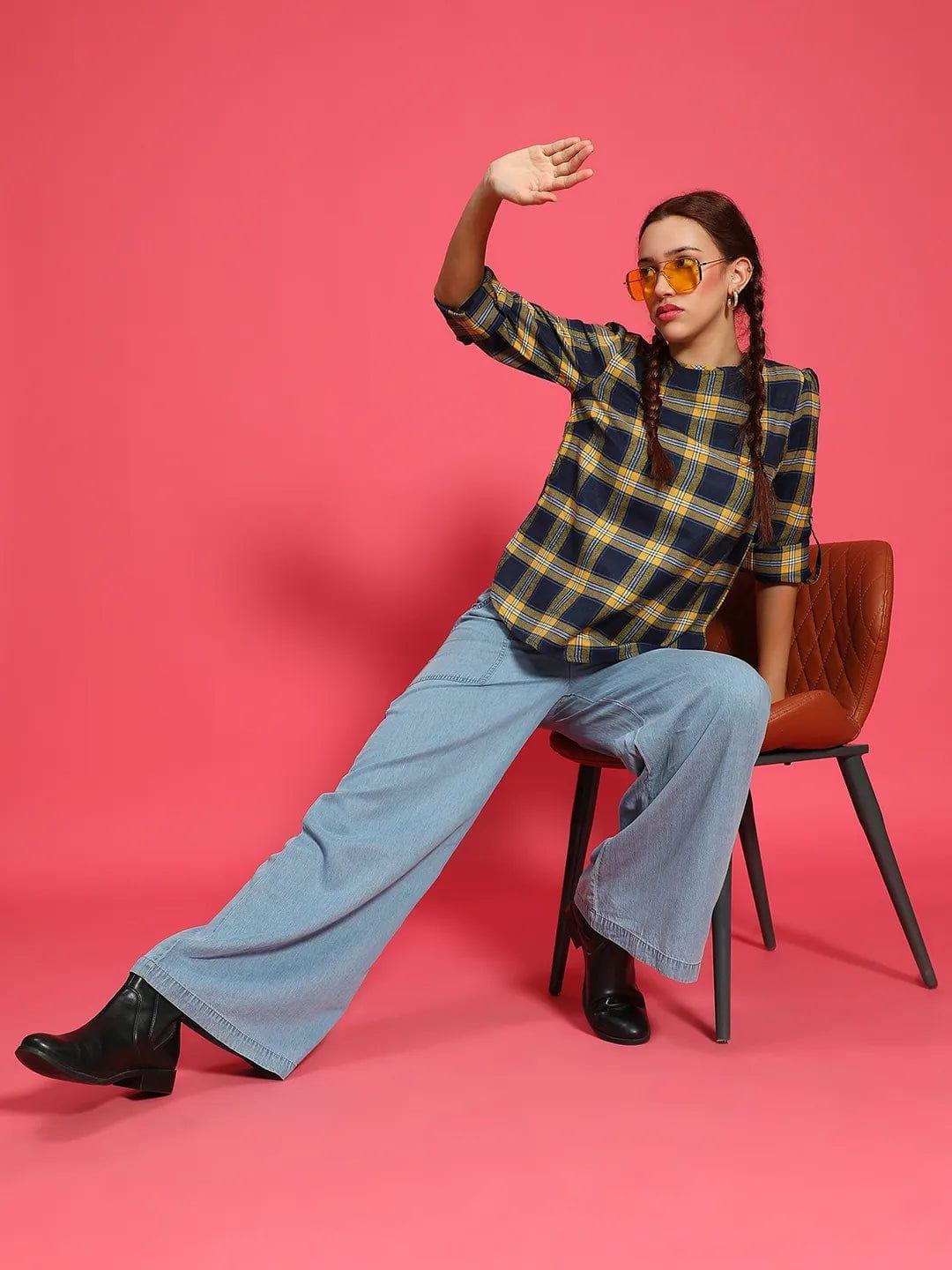Multicolor Round Neck Long Roll Up Sleeve Brush Check Cotton Women Top - oxolloxo