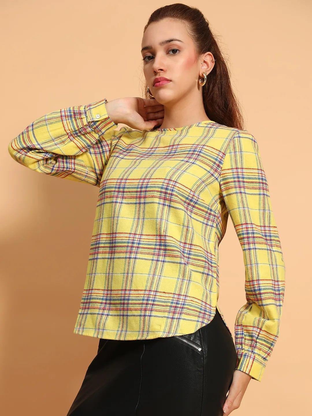 Happy Yellow Round Neck Long Roll Up Sleeve Brush Check Cotton Women Top - oxolloxo