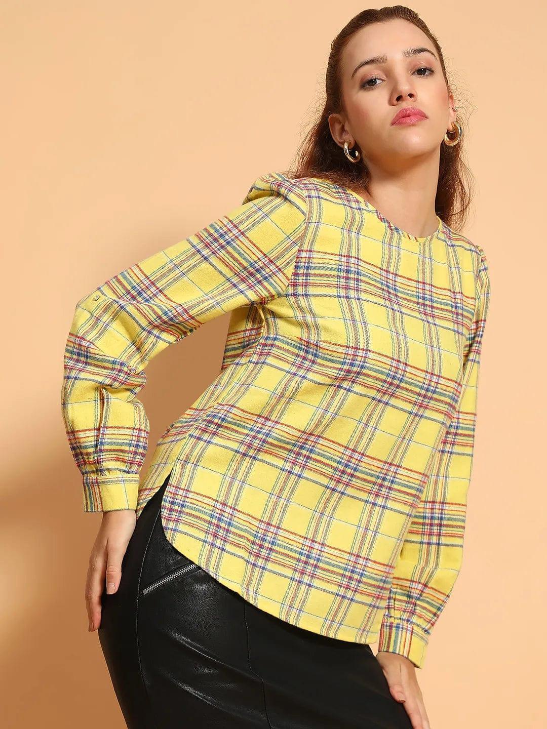 Happy Yellow Round Neck Long Roll Up Sleeve Brush Check Cotton Women Top - oxolloxo