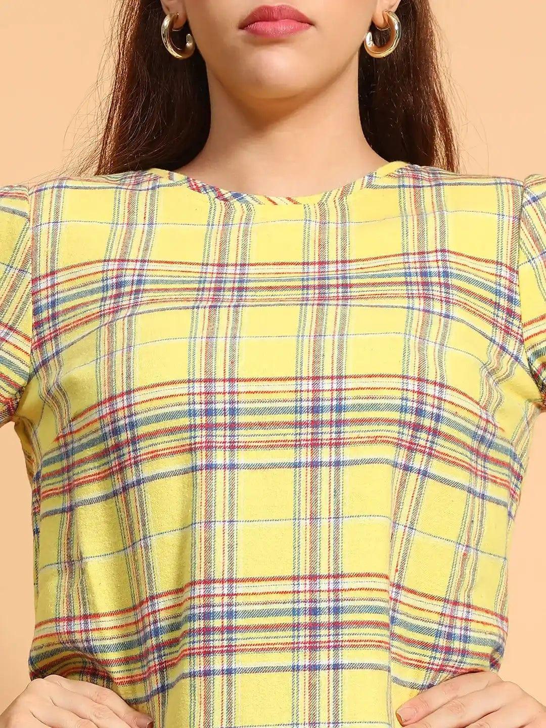 Happy Yellow Round Neck Long Roll Up Sleeve Brush Check Cotton Women Top - oxolloxo