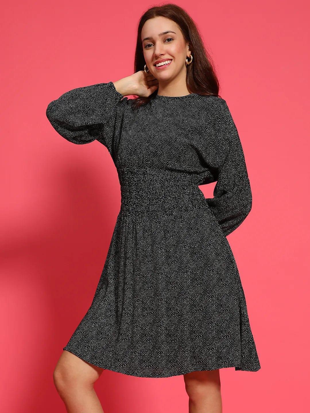 Hey Black Floral Print Round Neck Long Sleeve Smocked Knee Length Women Dress - oxolloxo