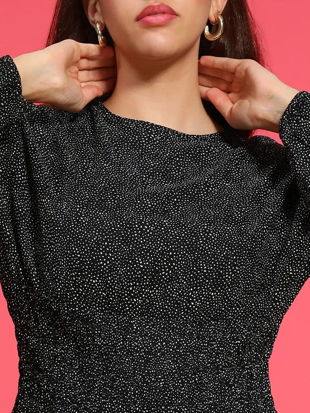 Hey Black Floral Print Round Neck Long Sleeve Smocked Knee Length Women Dress - oxolloxo