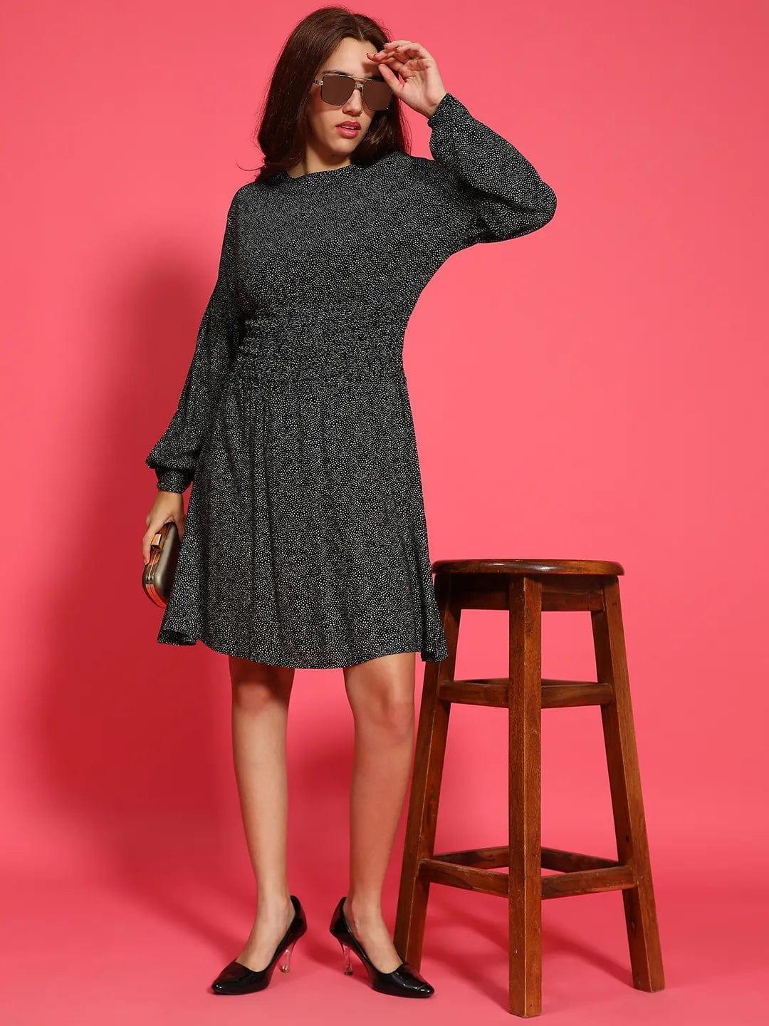 Hey Black Floral Print Round Neck Long Sleeve Smocked Knee Length Women Dress - oxolloxo