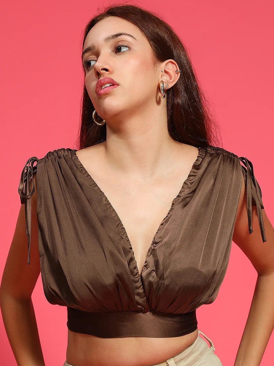 Celebrated Brown V-Neck Elasticated With Tie-Knot Detail Women Satin Crop Top - oxolloxo