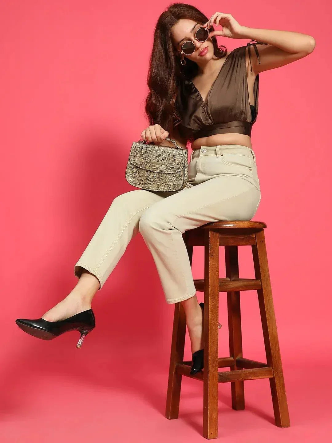 Celebrated Brown V-Neck Elasticated With Tie-Knot Detail Women Satin Crop Top - oxolloxo