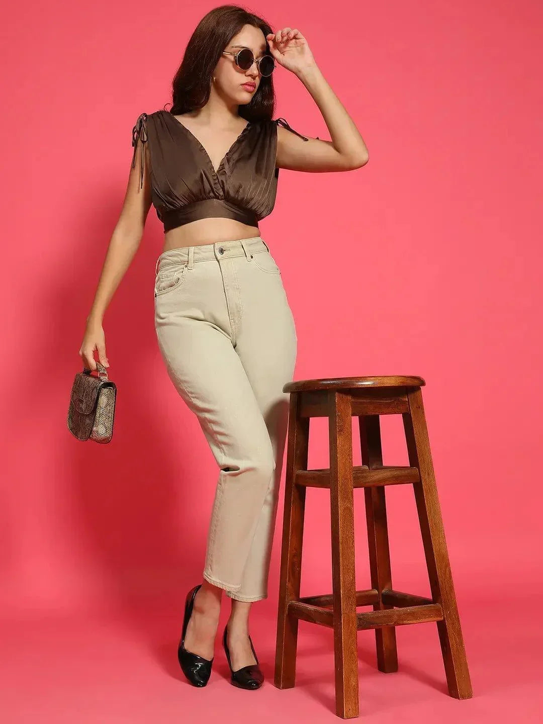 Celebrated Brown V-Neck Elasticated With Tie-Knot Detail Women Satin Crop Top - oxolloxo