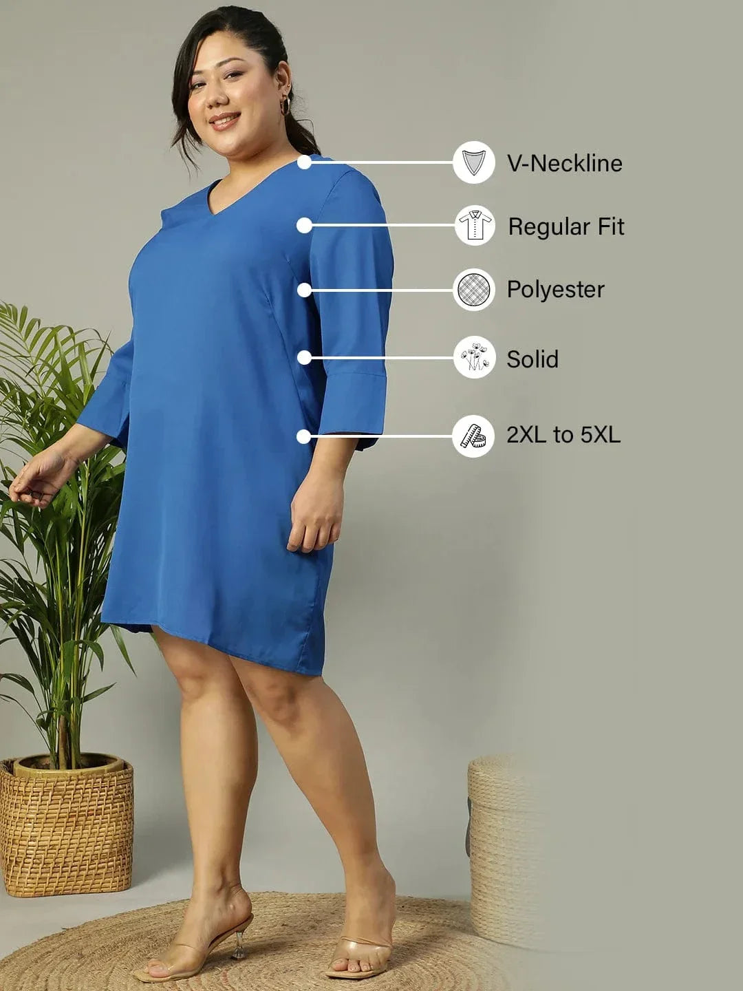 Classic Blue V-Neck Short Sleeve Plus Size Women Dress - oxolloxo