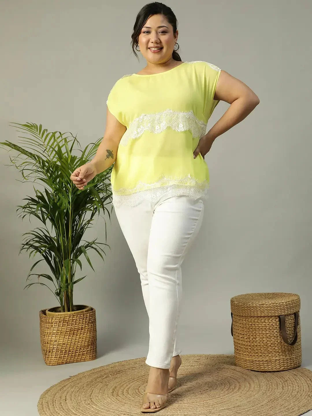 The Yellow Short Sleeve Lace Detailed Plus Size Women Top - oxolloxo