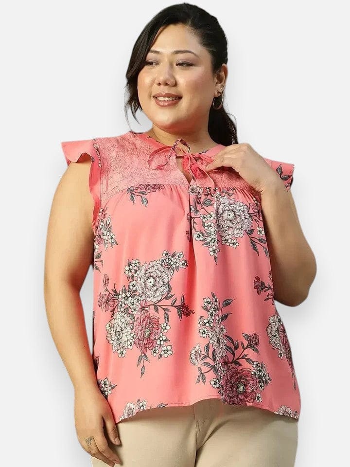 Plus Size Pink Floral Print Women Top