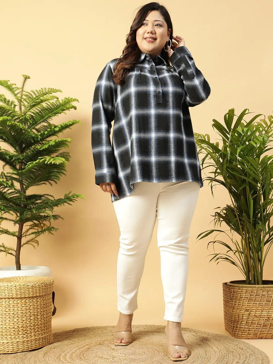 Plus Size Black Check Cotton Shirt