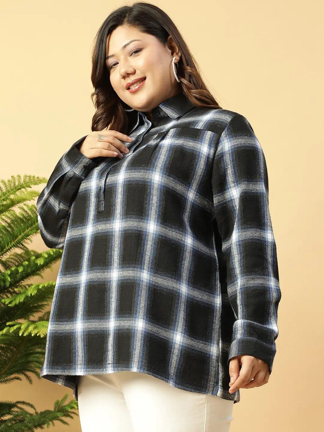 Plus Size Black Check Cotton Shirt