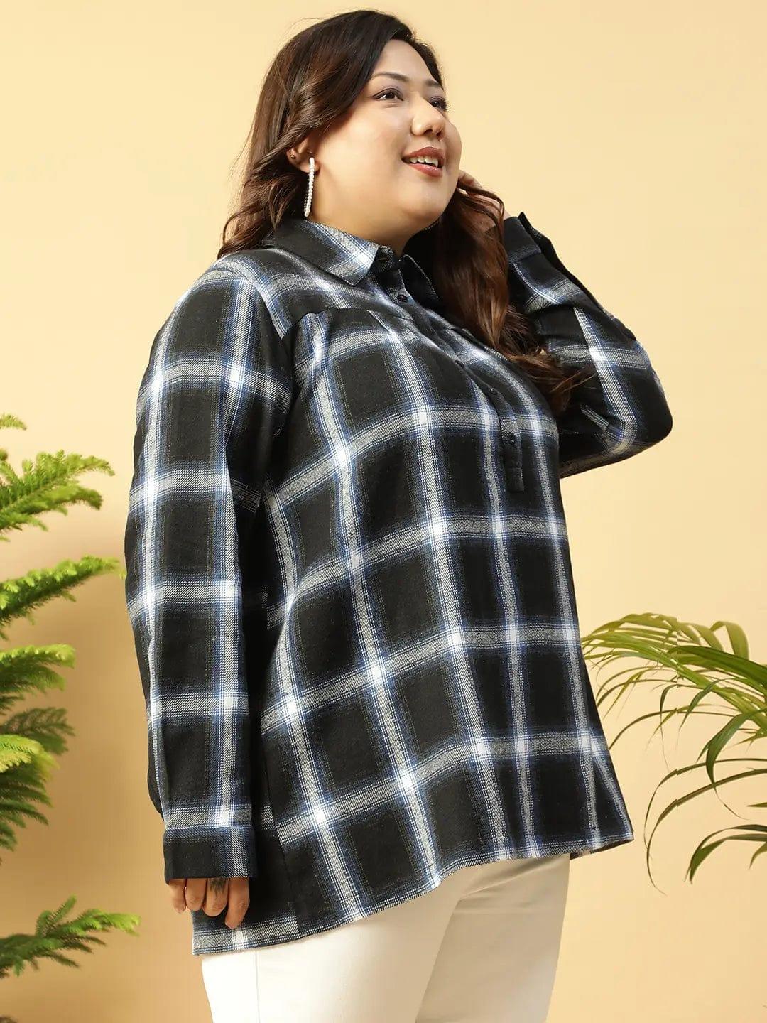 Plus Size Black Check Cotton Shirt