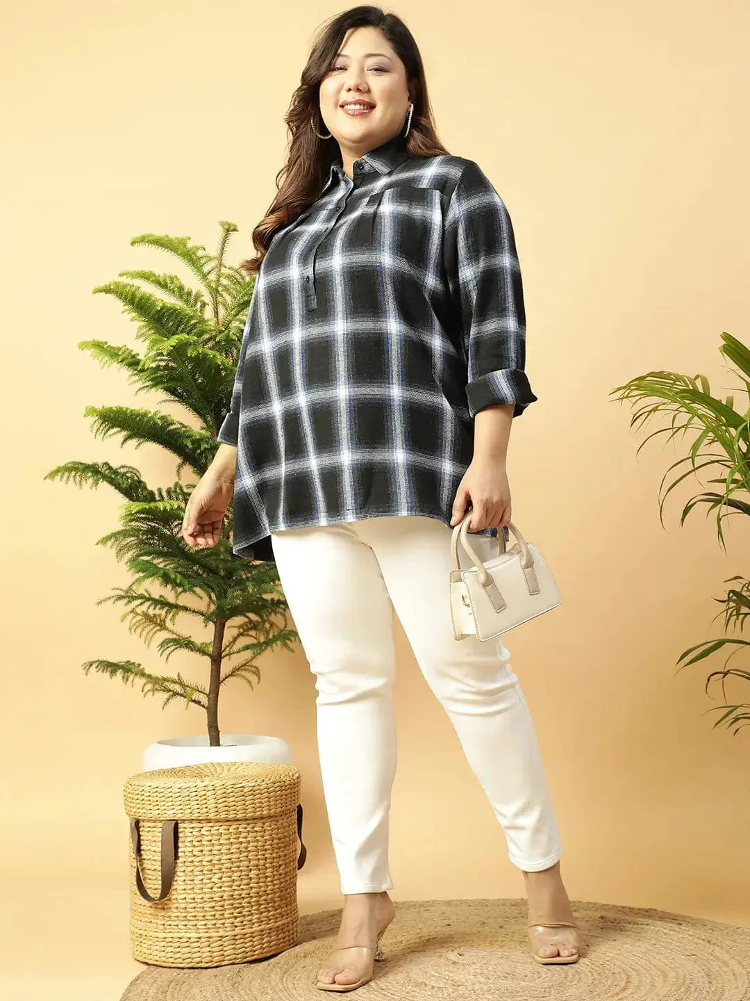 Plus Size Black Check Cotton Shirt