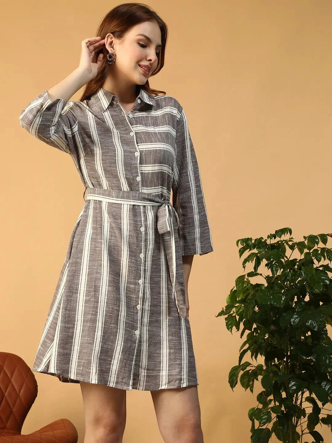 Grey Stripe Print Dress