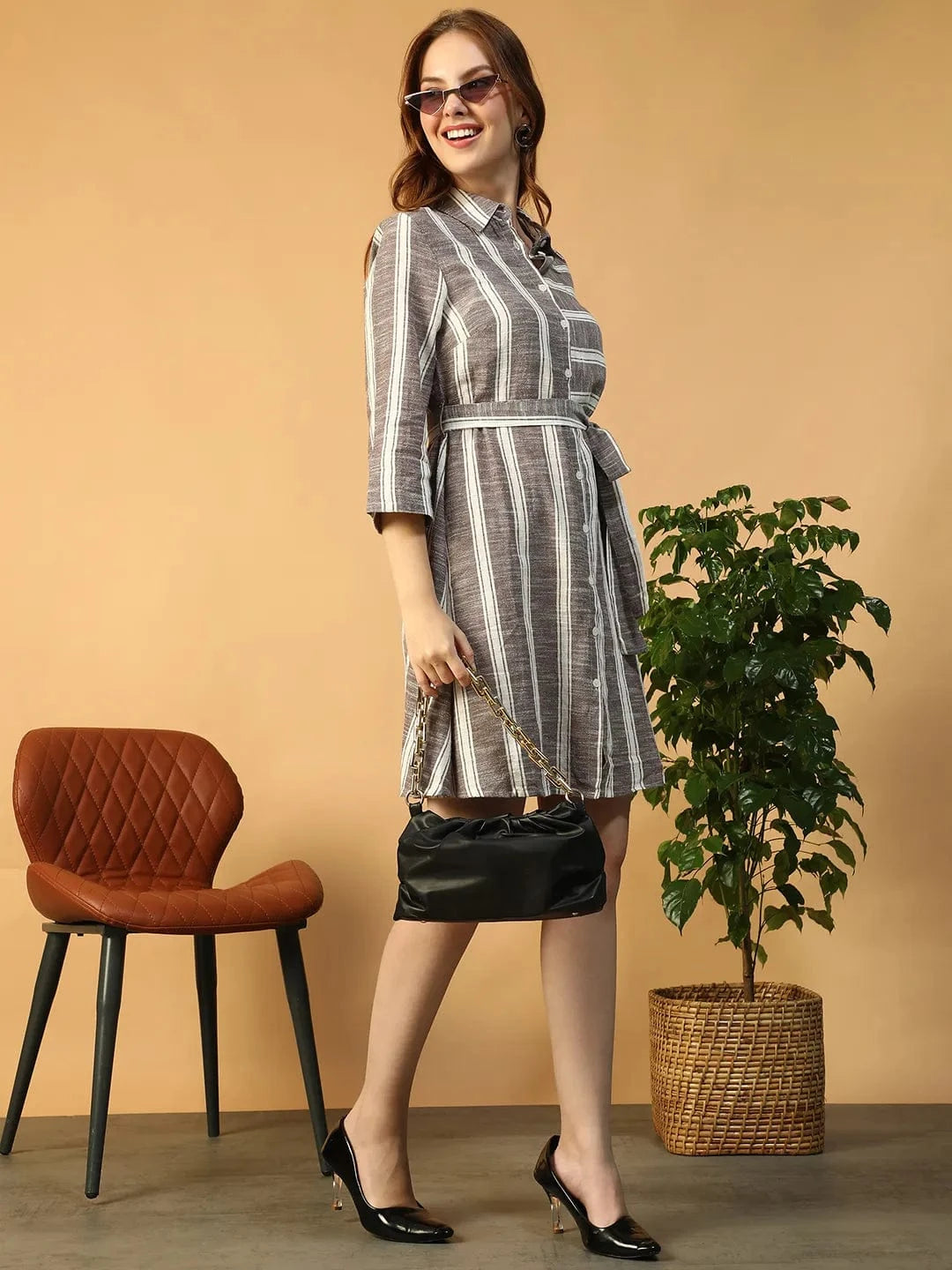 Grey Stripe Print Dress