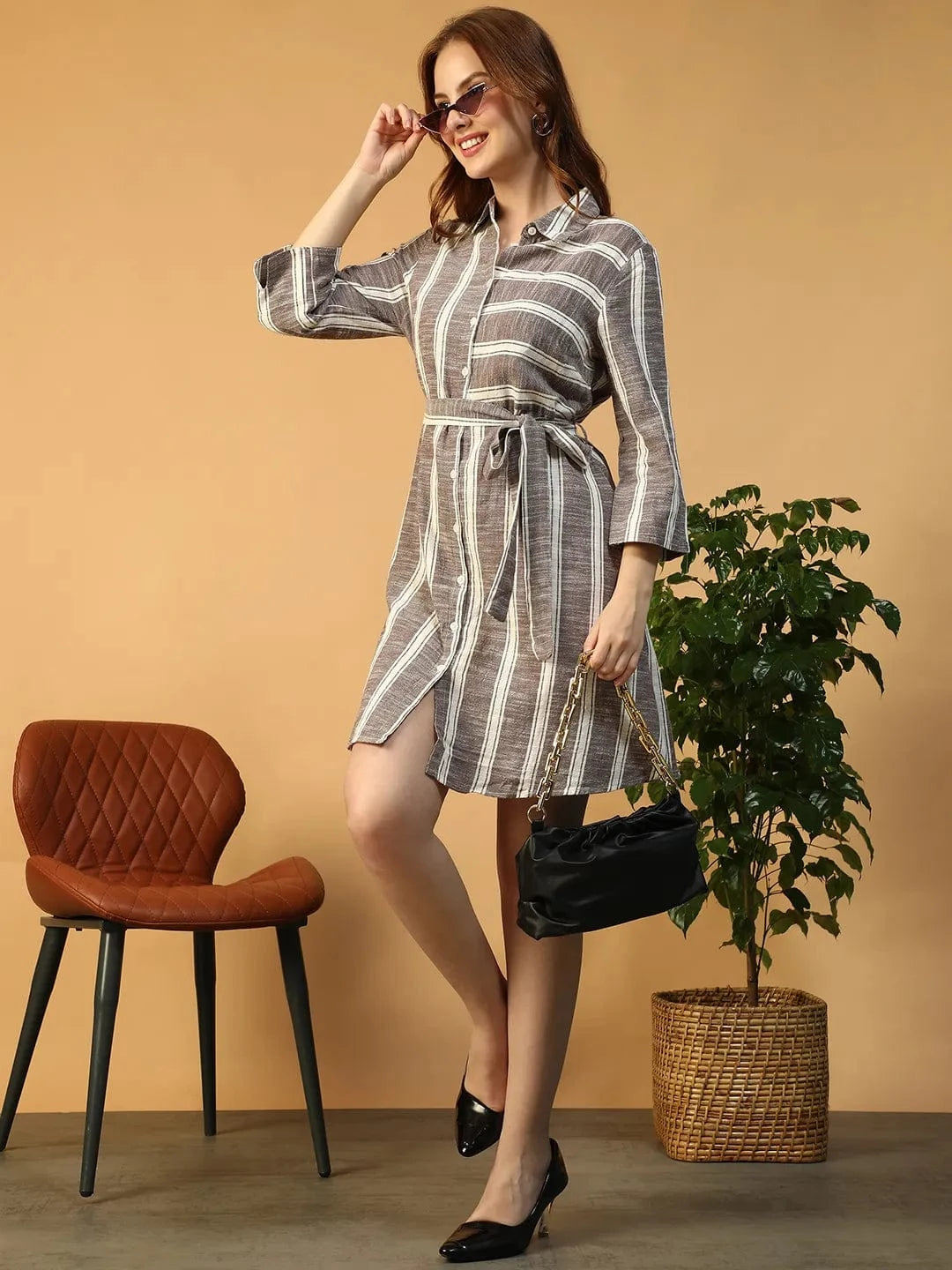 Grey Stripe Print Dress