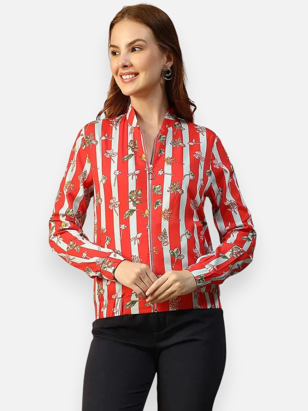 Women Red Floral Print Bomber Jacket