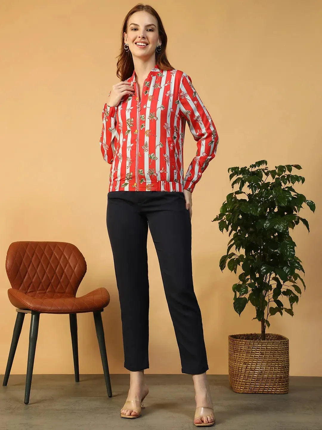 Women Red Floral Print Bomber Jacket