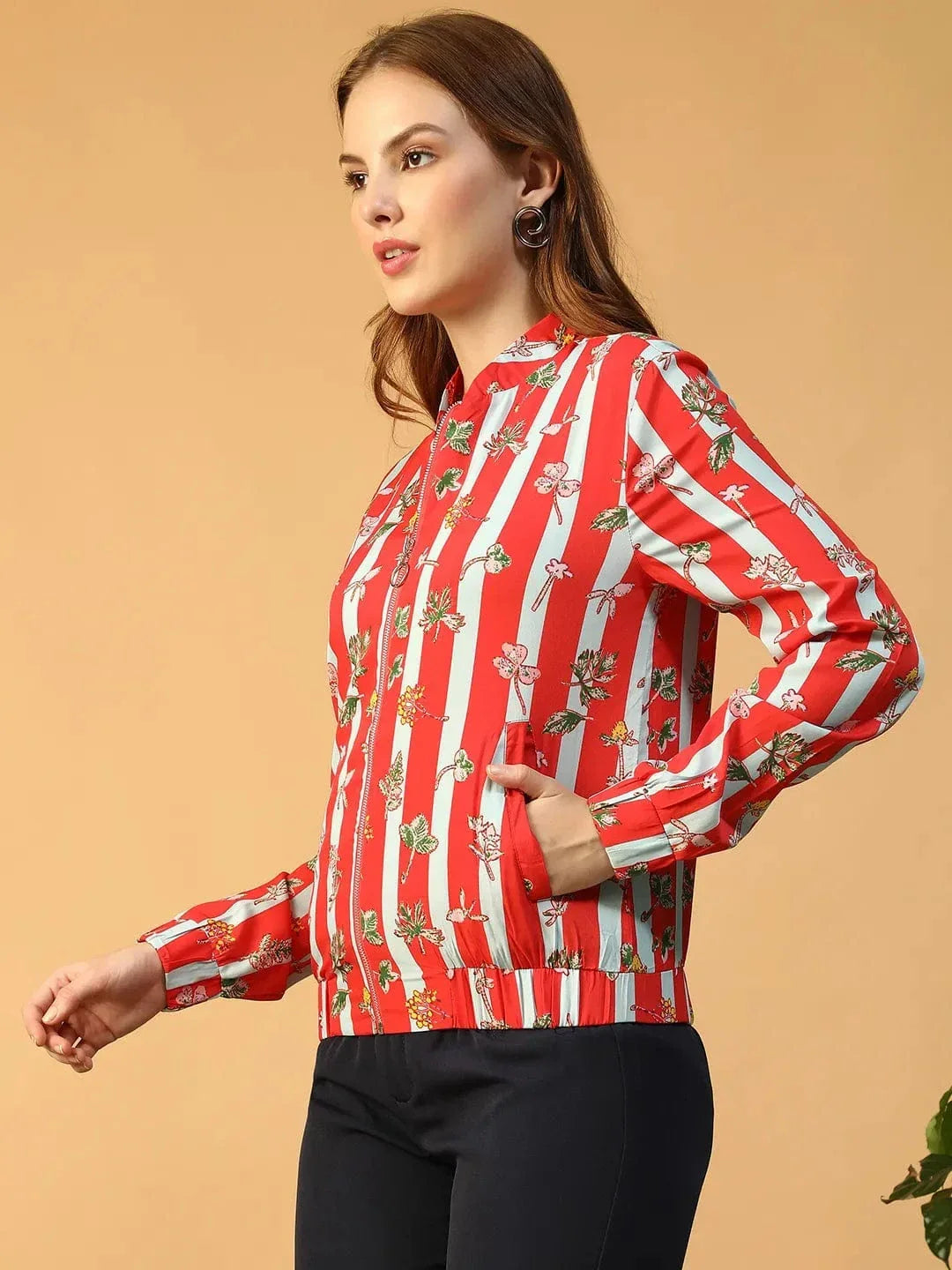 Women Red Floral Print Bomber Jacket