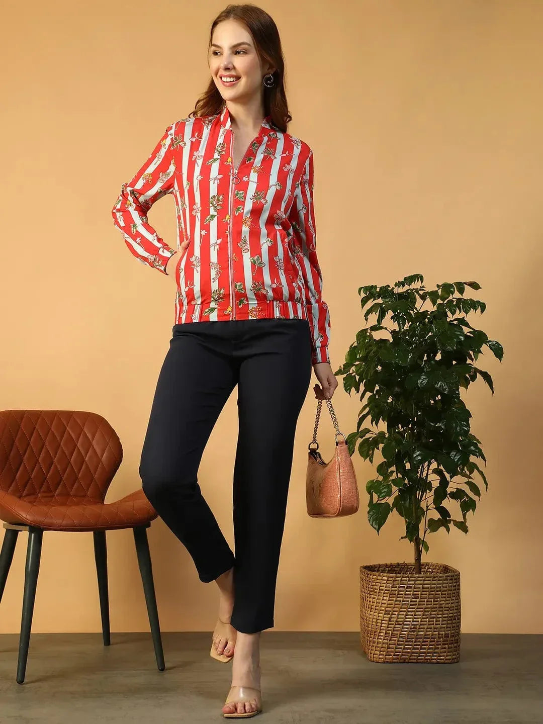 Women Red Floral Print Bomber Jacket