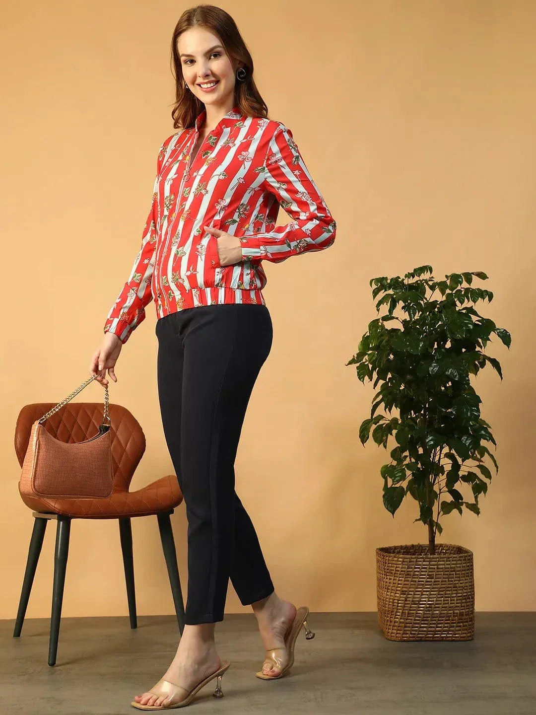 Women Red Floral Print Bomber Jacket