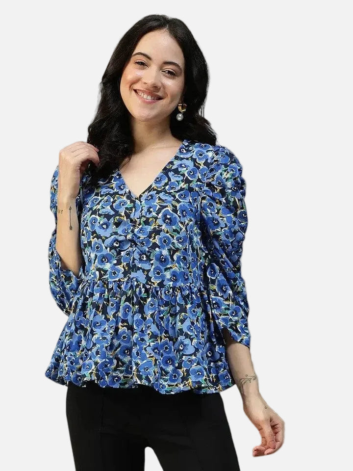 Women's Blue Floral Print Top