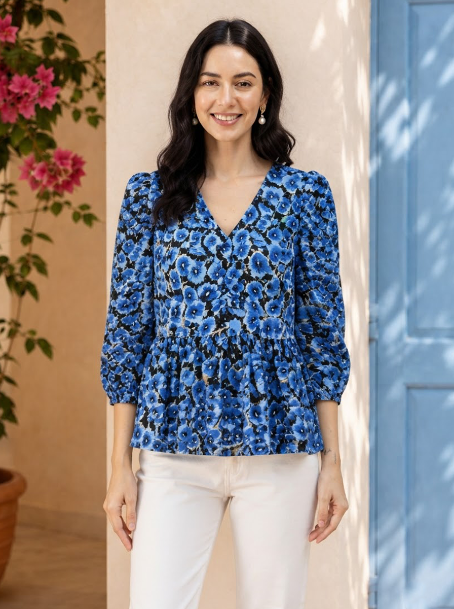 Women's Blue Floral Print Top