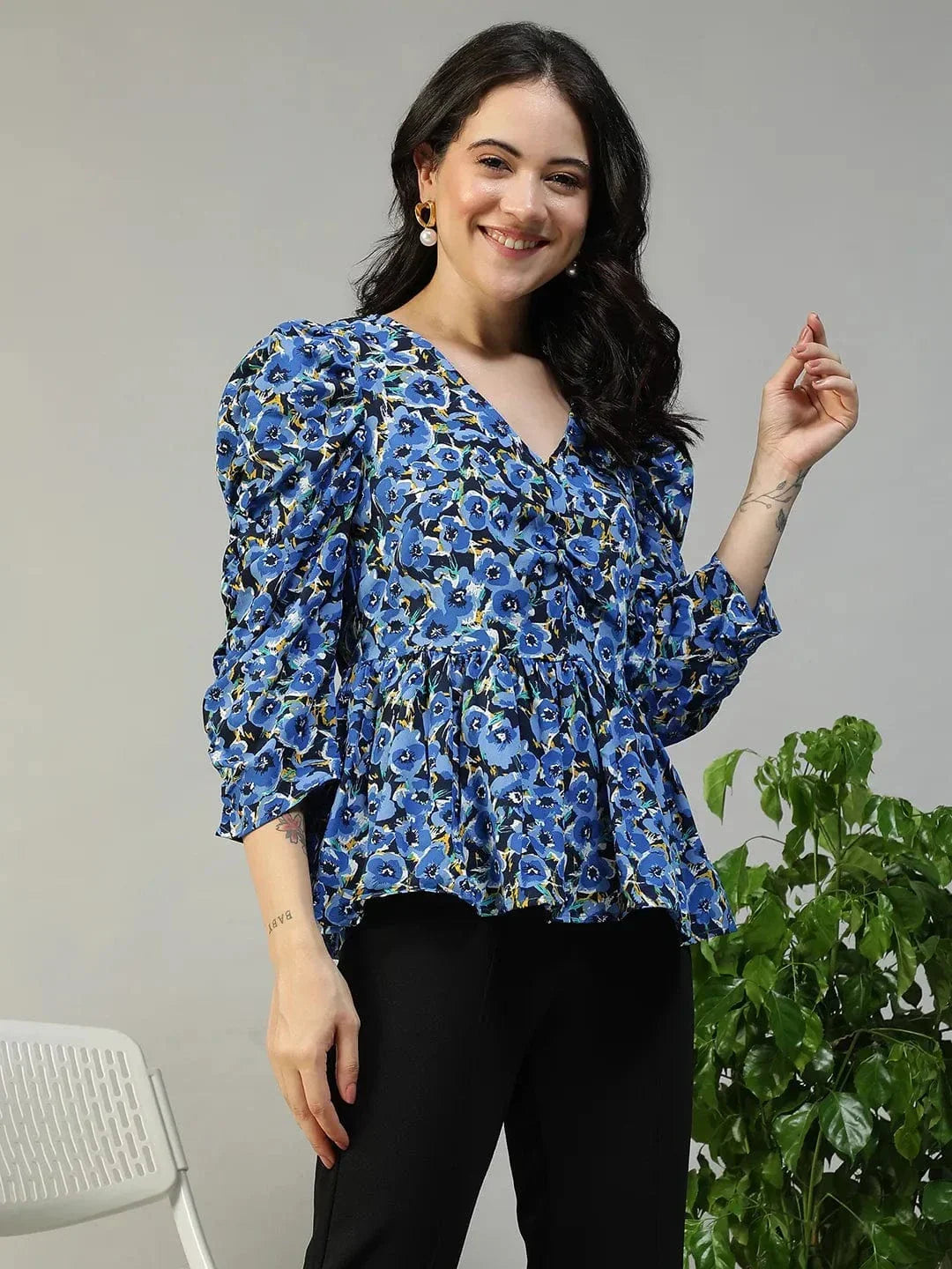 Women's Blue Floral Print Top