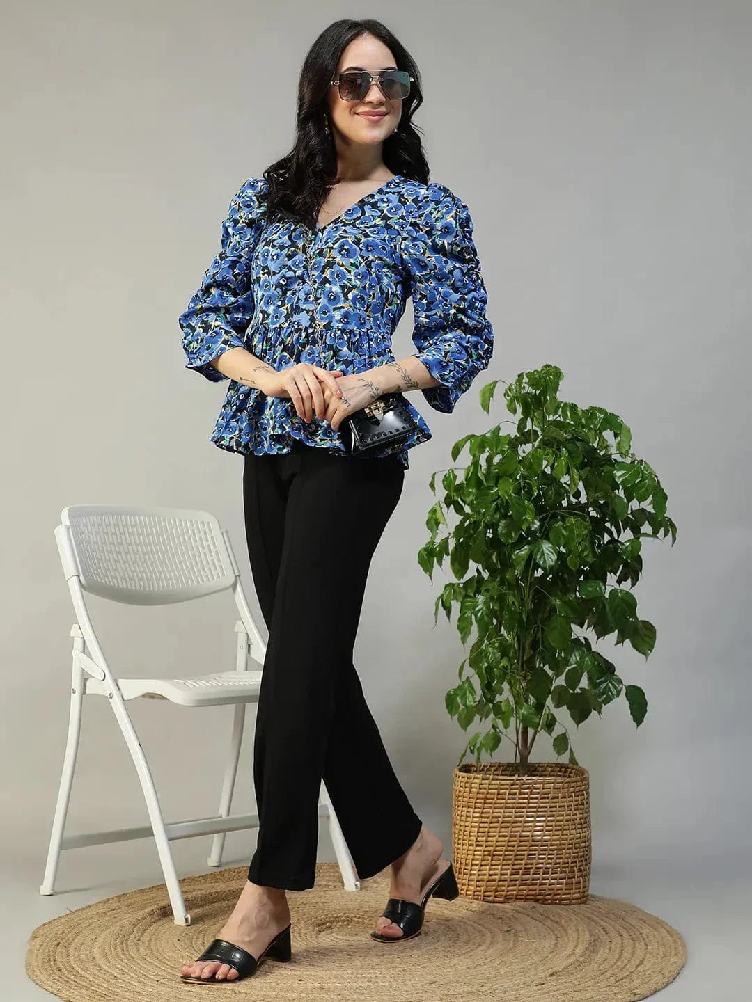 Women's Blue Floral Print Top