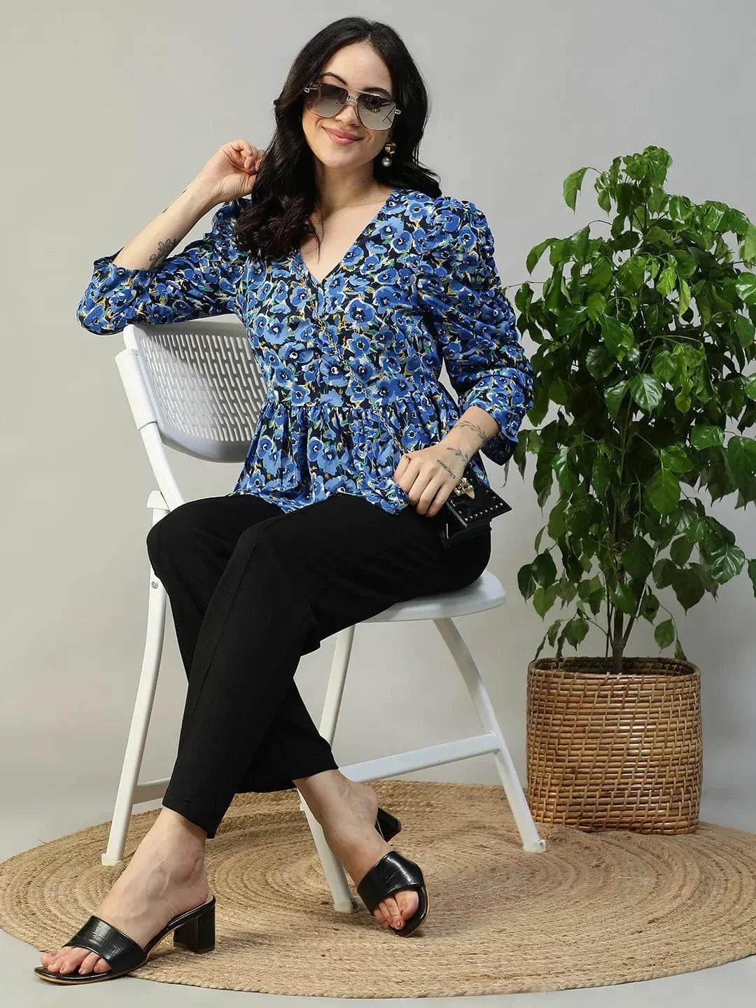 Women's Blue Floral Print Top