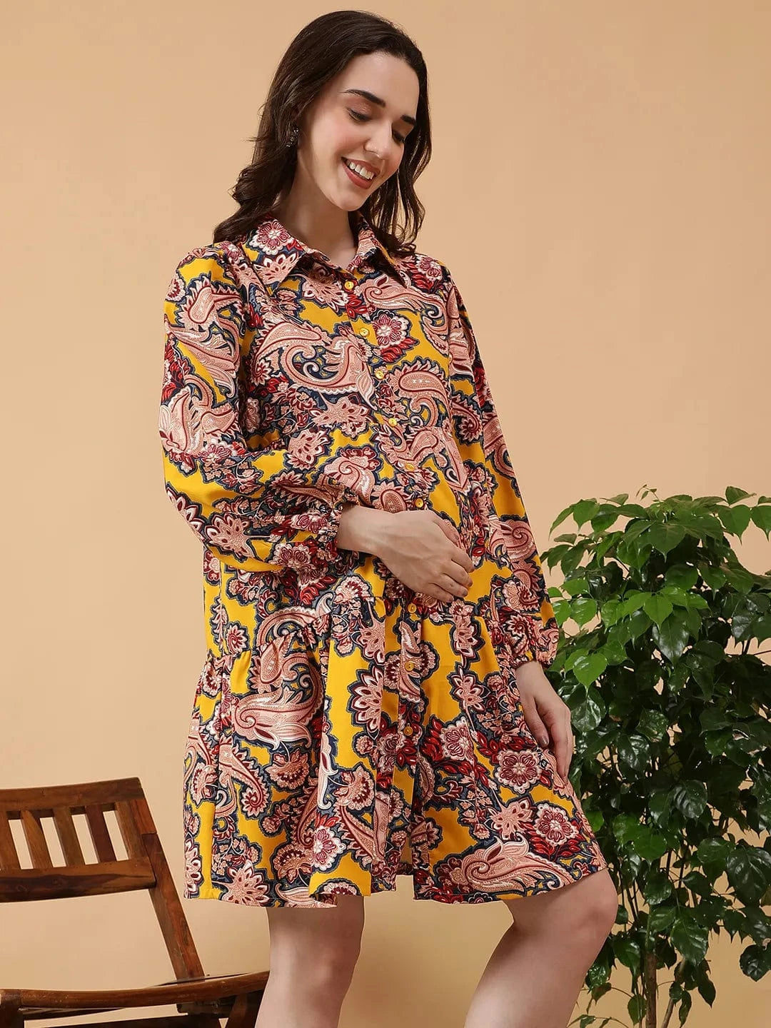 Yellow Tropical Print Maternity Dress