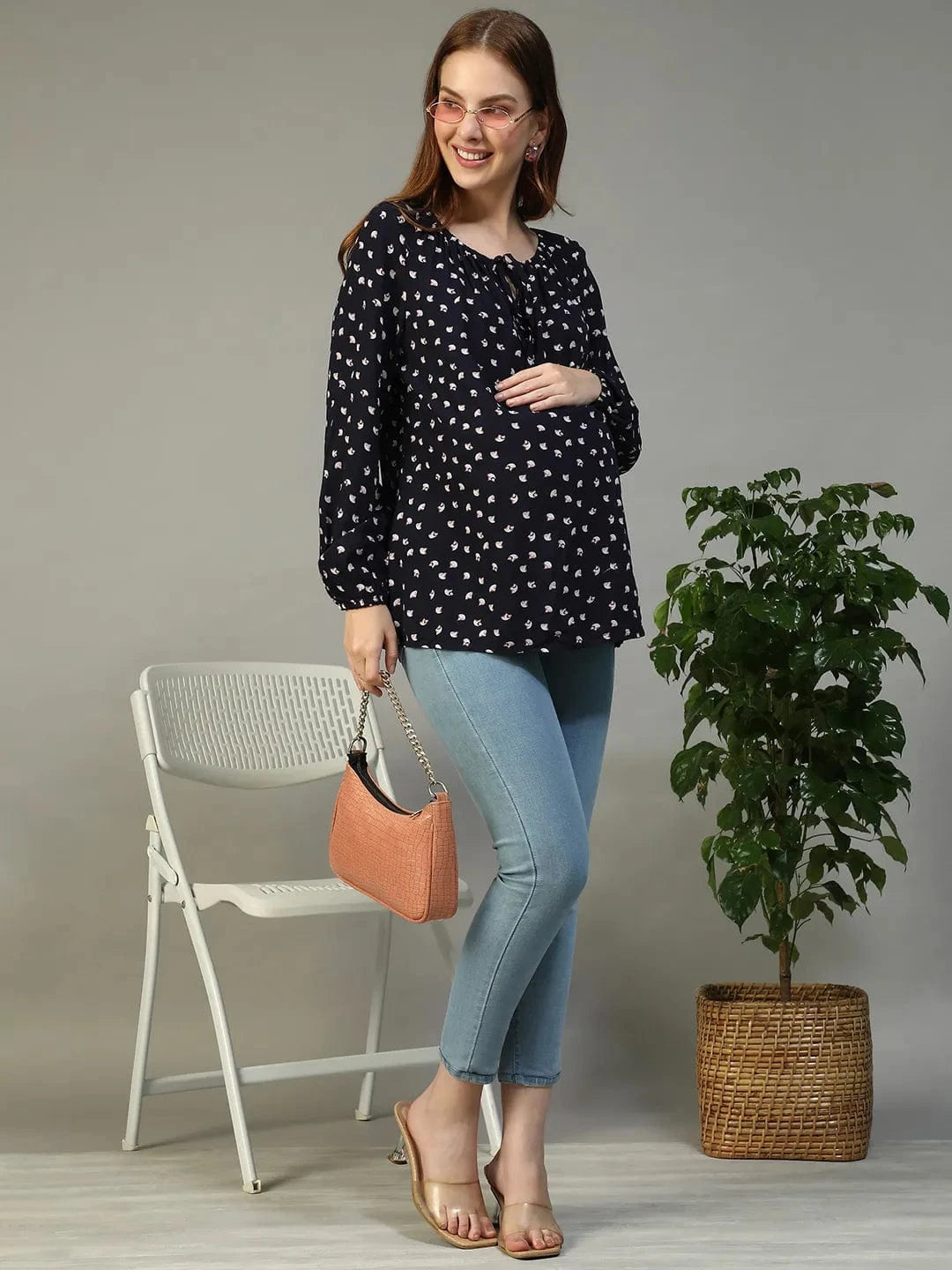 Navy Blue Floral Print Maternity Top